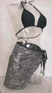 Ensemble bikini 2 pièces pour femme, asymétrique, à sequins, taille haute, bas à nouer sur les côtés, haut dos nu noir, maillot de bain - Product Image 6