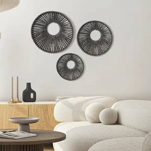 Ensemble de 3 miroirs muraux décoratifs ronds en corde de papier Art Déco, à suspendre, pour salon, chambre, entrée, en provenance du Vietnam - Product Image 4