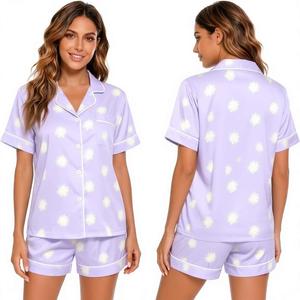 Women's Lavender Satin Pajama <b>Set</b> Short Sleeve Geometric Print Button Front Sleepwear Summer Elegant Style - Product Image 2