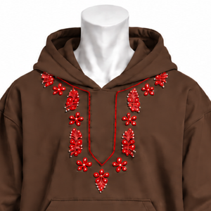 Chocolate Brown Indus Embroidered <b>Hoodie</b> Floral <b>Stitch</b> Design Kangaroo Pocket Relaxed Fit Casual Streetwear Winter Pullover - Product Image 3