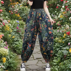 Pantalon ballon en pur coton à motif floral pour femme, taille élastique, style urbain, pantalon fuselé en coton imprimé bohème pour femme - Product Image 1