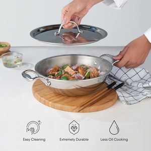 Olla Kadhai Triple de Acero Inoxidable con Tapa, 2.0 L, 22 cm, Hecha a Mano, Apta para Congelador, Compatible con Inducción y Gas - Product Image 4