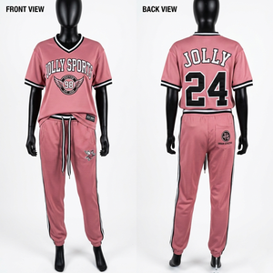 Ensemble pantalon et haut en jersey de polyester rose 180 GSM pour femme, avec empiècements latéraux contrastants et logo personnalisé par sublimation – Tenues pour femme - Product Image 1