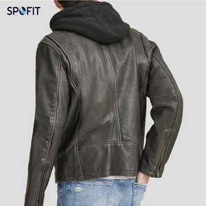 <b>Men's</b> Distressed Brown Genuine Leather Jacket with Attached Hood Real Leather Biker Jacket with <b>Fleece</b> Hoodie - Product Image 2