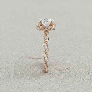 Anillo de Compromiso con Diamante Cultivado en Laboratorio, Chapado en Oro Rosa de 14K, Diseño Trenzado con Halo, Joyería Vintage Personalizada, Fabricante OEM ODM - Product Image 4