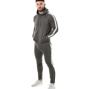 Men's Gray Hooded <b>Tracksuit</b> Full Zipper Sporty Fit With White Side Stripes Breathable Polyester Joggers Set Autumn Wear - Product Image 1