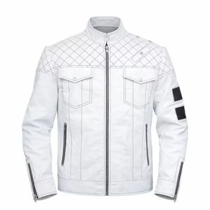 Blouson moto en cuir PU blanc pour homme, col montant, fermeture éclair, motif géométrique, coupe classique, style automne - Product Image 2