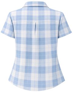 Chemise boutonnée à manches courtes pour femme, bleu ciel et blanc à carreaux, décontractée, légère et respirante, avec poche, pour l'été - Product Image 3