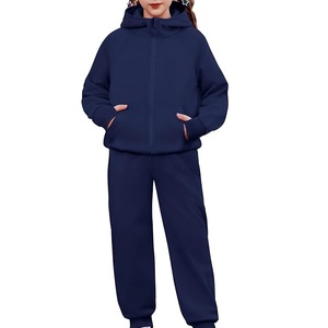 Cotton Fleece <b>Plain</b> Blue Color Toddlers Kids Tracksuits With <b>Hoodie</b> Zipper Style Oversize Joggers Suit Sweat Kids Tracksuits Set - Product Image 1