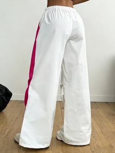 Women's <b>Summer</b> Flat Front Oversized Wide-Leg <b>Pants</b>-White & Pink Color Block Trousers with Drawstring Waist 100% Cotton - Product Image 2