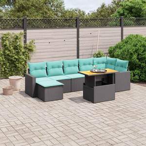 ชุดโซฟาสวนหวายโพลีสีดำ 8 ชิ้นพร้อมเบาะรองนั่ง - Product Image 1