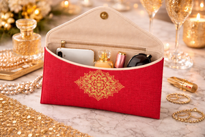 Pochette enveloppe en jute rouge avec broderie mandala dorée, sac à main de soirée écologique de créateur - Product Image 2