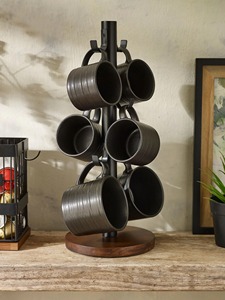 Modern Metal <b>Mug</b> <b>Tree</b> Holder Stand With Six Hooks And Wooden Round Base Freestanding Coffee Cup Hanging Storage Rack Kitchen Use - Product Image 4