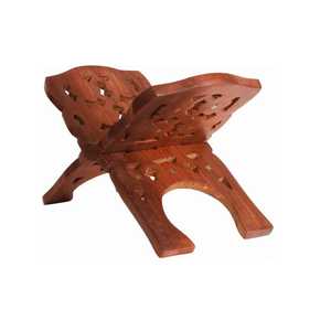 Support en bois clair avec motifs floraux découpés au laser, pieds courbés, surface inclinée, décoration traditionnelle faite à la main - Product Image 6