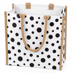 White Laminated Jute Tote <b>Bag</b> with Black Polka Dot Print Eco Friendly <b>Reusable</b> Shopping Carry <b>Bag</b> Large Size - Product Image 1