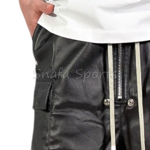 กางเกงขาสั้นคาร์โก้หนัง PU สไตล์สตรีทลำลองแบบมีเชือกผูกเอวและกระเป๋าเปิดโชว์ ผลิตตามสั่งสำหรับผู้ชาย - Product Image 5