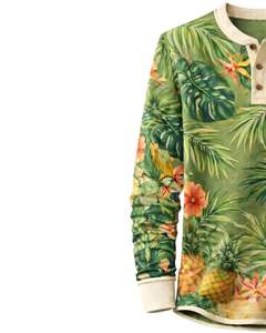 Chemise Henley pour homme à imprimé tropical vert olive et floral, manches longues, patte de boutonnage, style décontracté d'été, plage, légère et tendance - Product Image 3