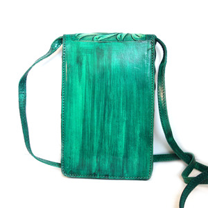 Bolso de Hombro de Cuero Vintage Unisex, Bolso de Viaje de Cuero Genuino, para Teléfono Móvil, Pasaporte, Tarjetas de Crédito, con Diseño Floral en Color Verde Azulado - Product Image 3