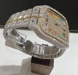 Montre-bracelet de luxe pour homme en acier inoxydable, style moderne, avec mouvement à quartz, boîtier en alliage et diamants moissanite baguette sertis (Iced Out) - Product Image 3