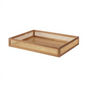 Plateau de service rectangulaire en bois d'acacia et rotin, fait main en Inde, avec poignées, pour la cuisine, exportations Craftera. - Product Image 4