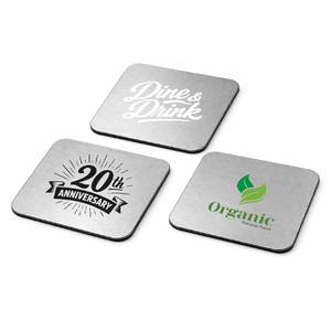 Sous-verre carré en métal avec base antidérapante et logo imprimé, dessous de verre en acier inoxydable pour bureau, maison et cadeaux d'affaires - Product Image 1