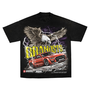 <b>Men's</b> Black Short Sleeve Knitted T-Shirt with Eagle and Car Print Front Logo <b>Turtleneck</b> Regular Fit Formal Style - Product Image 1