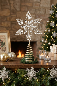 Décoration de sommet de sapin de Noël en forme de flocon de neige en cristal doré, ornée de strass vintage avec base spirale - Product Image 2