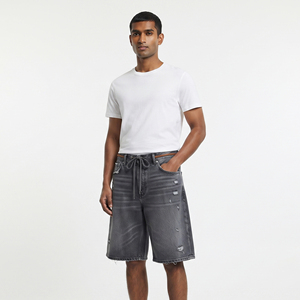 <b>Men's</b> Distressed <b>Jeans</b> Wash Denim Shorts Streetwear Acid Rain Denim Shorts <b>Men</b> High <b>Drawstring</b> Waist <b>Jeans</b> Shorts <b>Mens</b> - Product Image 1