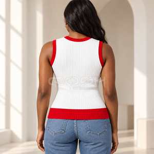 Cosh International Sisterhood Sorority Custom Logo Ribbed Knitted O Neck White <b>Red</b> Stylish Tank Top - Product Image 4