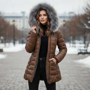 Manteau long en cuir d'agneau souple pour femme avec capuche en fourrure, veste d'hiver, vêtement d'extérieur, coupe élégante, usage quotidien - Product Image 6