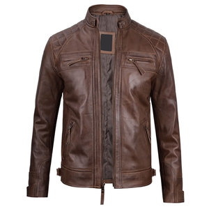 Blouson en cuir marron pour homme, style motard, café racer, avec motif, coupe ajustée, vêtement d'extérieur pour moto - Product Image 3