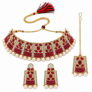Parure de bijoux plaqué or en alliage de zinc avec zircon rouge, perles et motif floral pour femme, idéale pour mariage - Product Image 1