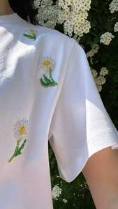 Unique Design Handmade Glass Seed Bead Papaya Fruit Patch <b>White</b> Cotton <b>Women</b> T <b>Shirt</b> <b>Short</b> <b>Sleeve</b> Jersey Apparel Embroidery - Product Image 3
