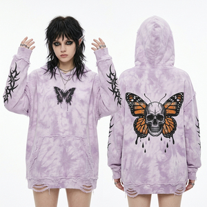 Sudadera con Capucha Gris para Mujer, Estilo Acid Wash, 350GSM, Estética Emo, Estampado de Corazón Roto en la Manga, Gráfico de Calavera y Flecha en la Espalda, Estilo Distressed Streetwear - Product Image 5