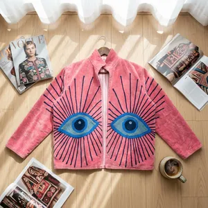 เสื้อแจ็คเก็ตขนสัตว์เทียมสีชมพูปักลายตาผู้หญิงเสื้อโค้ทกันหนาวลายการ์ตูนคอตั้ง - Product Image 3