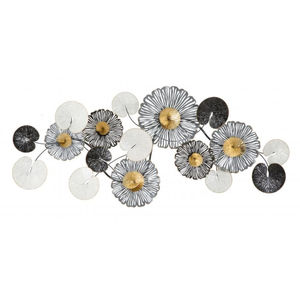 Art mural floral en argent, noir et or, fait main, de qualité supérieure, sculpture murale en métal, décoration pour salon et chambre. - Product Image 1