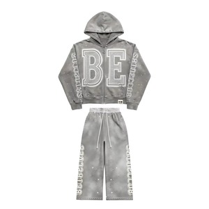 Conjunto de Sudadera con Capucha y Pantalones Acampanados Distressed con Cremallera y Pedrería, Estilo Urbano, Personalizado por Fabricantes, OEM ODM - Product Image 6