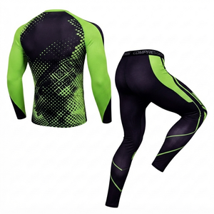 <b>Mens</b> Neon Green Black <b>Compression</b> Four-Way Stretch Tracksuit Long Sleeve Fitness <b>Shirt</b> Tights Gym Workout Training Activewear - Product Image 2