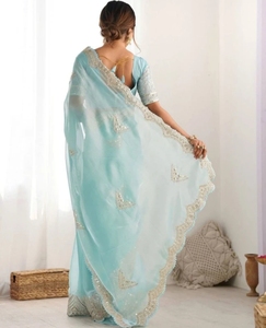 Sari Bollywood Jimmy Jimmy pour femme, brodé et orné de motifs floraux, avec blouse non cousue (bleu) - Product Image 3