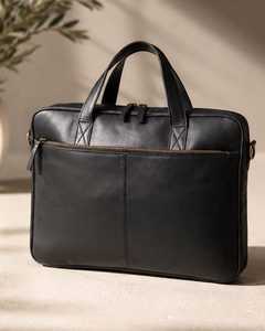 Porte-documents d'affaires pour homme en cuir véritable, style classique, fermeture à glissière durable, deux poignées, noir - Product Image 1