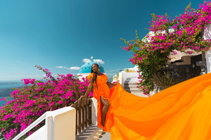 Women Vibrant Orange Flying <b>Dress</b> for Santorini Photoshoot Luxury Flowing Long Train Gown Bright Off Shoulder <b>Ruffle</b> Maxi <b>Dress</b> - Product Image 2