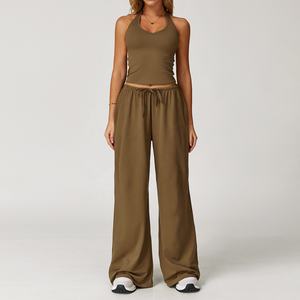 Ensemble décontracté deux pièces pour femme : Crop top dos nu 90 % nylon 10 % élasthanne et pantalon palazzo large à cordon de serrage - Product Image 3
