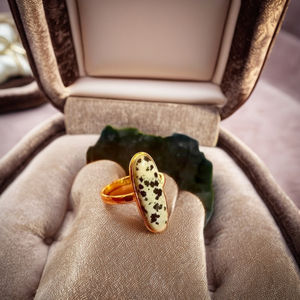 Vente en gros en vrac Bague en jaspe dalmatien de taille ovale 8x25mm en argent sterling 925 plaqué or 18 carats bijoux personnalisés en vermeil d'éternité - Product Image 1