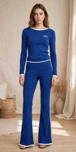 <b>Women's</b> Blue Ribbed Knit Long Sleeve Top And Flared Pants Set With <b>White</b> Contrast Trim - Product Image 5