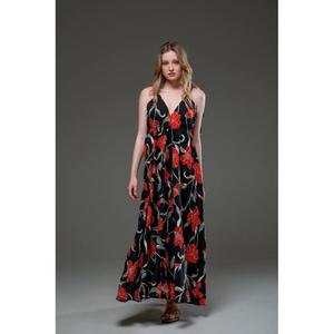 ชุดเดรสแม็กซี่พิมพ์ลายดอกไม้สีดำสำหรับผู้หญิง แขนกุด สายสปาเก็ตตี้ คอวี ทรงหลวม สไตล์ลำลอง ชุดเดรสยาวสำหรับฤดูร้อนและชายหาด - Product Image 1