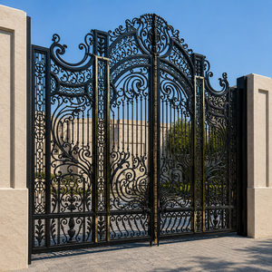 Puerta doble de hierro forjado negro de lujo con intrincados adornos en volutas, cresta arqueada con detalles dorados y elegante diseño de entrada residencial. - Product Image 3