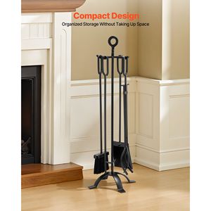 5 PCS Fireplace Tool Set with Four Prong Stand <b>Fire</b> Place <b>Poker</b> Wrought Iron Ash Shovel Brush Tongs-Premium Accessory Holder - Product Image 5