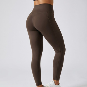 High Waist Full Length <b>Leggings</b> With Side <b>Pockets</b> Sporty Solid Color Stretch Breathable Quick Dry Women's Workout Wear - Product Image 3