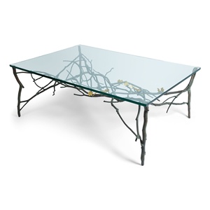 Mesa tapizada de lujo Saleem International 2026 con base decorativa de hoja de ginkgo en metal dorado para entrada o dormitorio - Product Image 4