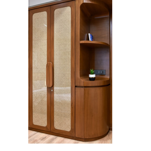 Gabinete de Madera de Teca con Puertas de Ratán y Estantes Laterales - Product Image 1